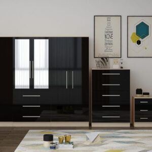 Black Large Wardrobe - 6 Doors 3 Drawers & Long Mirror + Chest Of Drawers + 2 x Bedsides - Black Friday Sale