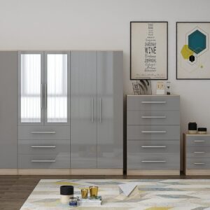 High Gloss Grey Large Wardrobe - 6 Door 3 Drawers & Long Mirror + Chest Of Drawers + 2 x Bedsides - Black Friday Sale