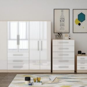 High Gloss White Large Wardrobe - 6 Door 3 Drawers & Long Mirror + Chest Of Drawers + 2 x Bedsides - Black Friday Sale