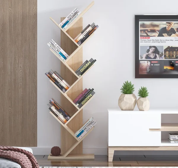 Wooden 8 tier zig zag bookshelf for living room and bedroom storage