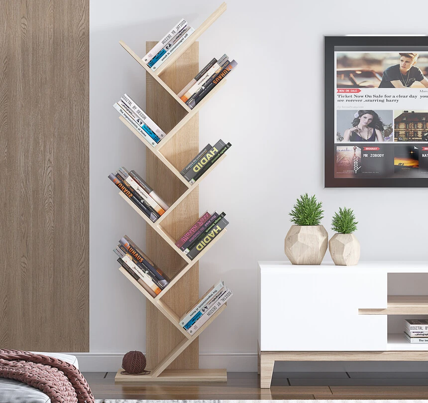 Wooden 8 tier zig zag bookshelf for living room and bedroom storage