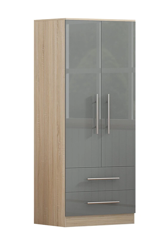 High Gloss Grey Wardrobe with 2 Doors and 2 Drawers
