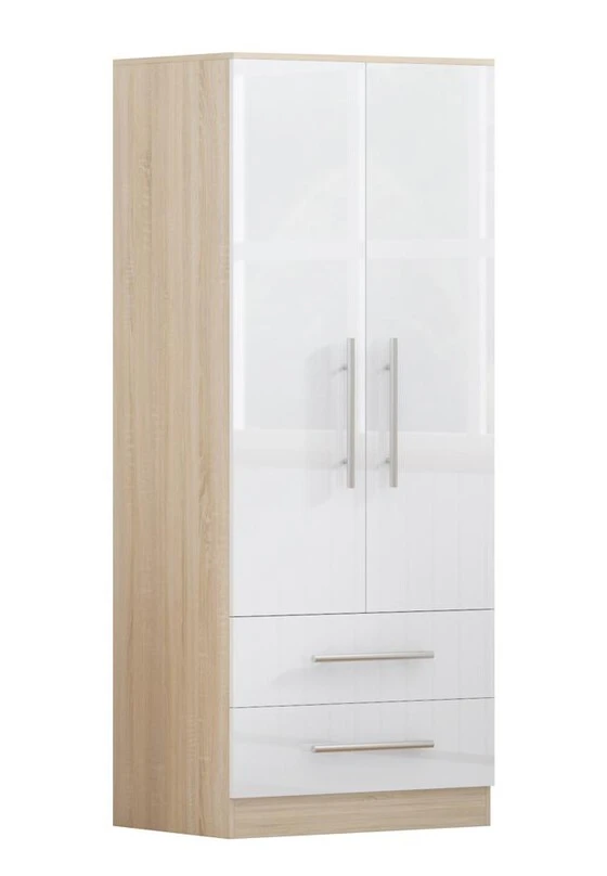High Gloss White Wardrobe with 2 Doors and 2 Drawers