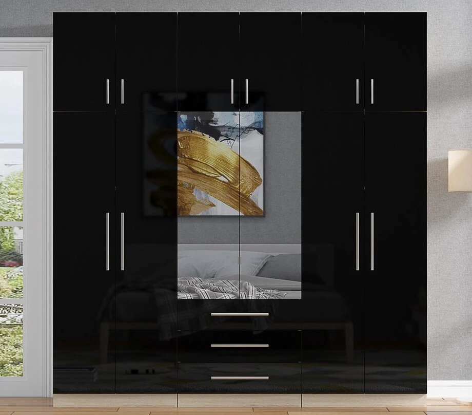 High Gloss Black 6 Door Mirrored Fitment Wardrobe with Topbox