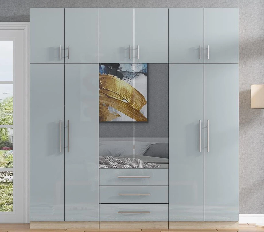 High Gloss Grey 6 Door Mirrored Fitment Wardrobe with Topbox