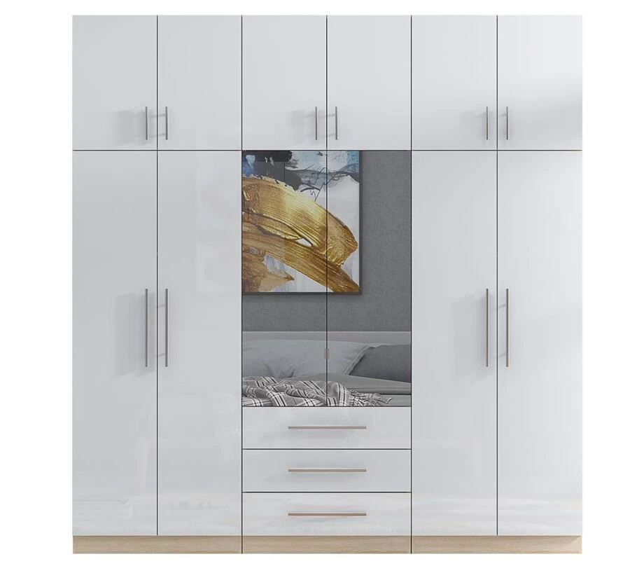 High Gloss White 6 Door Mirrored Fitment Wardrobe with Topbox