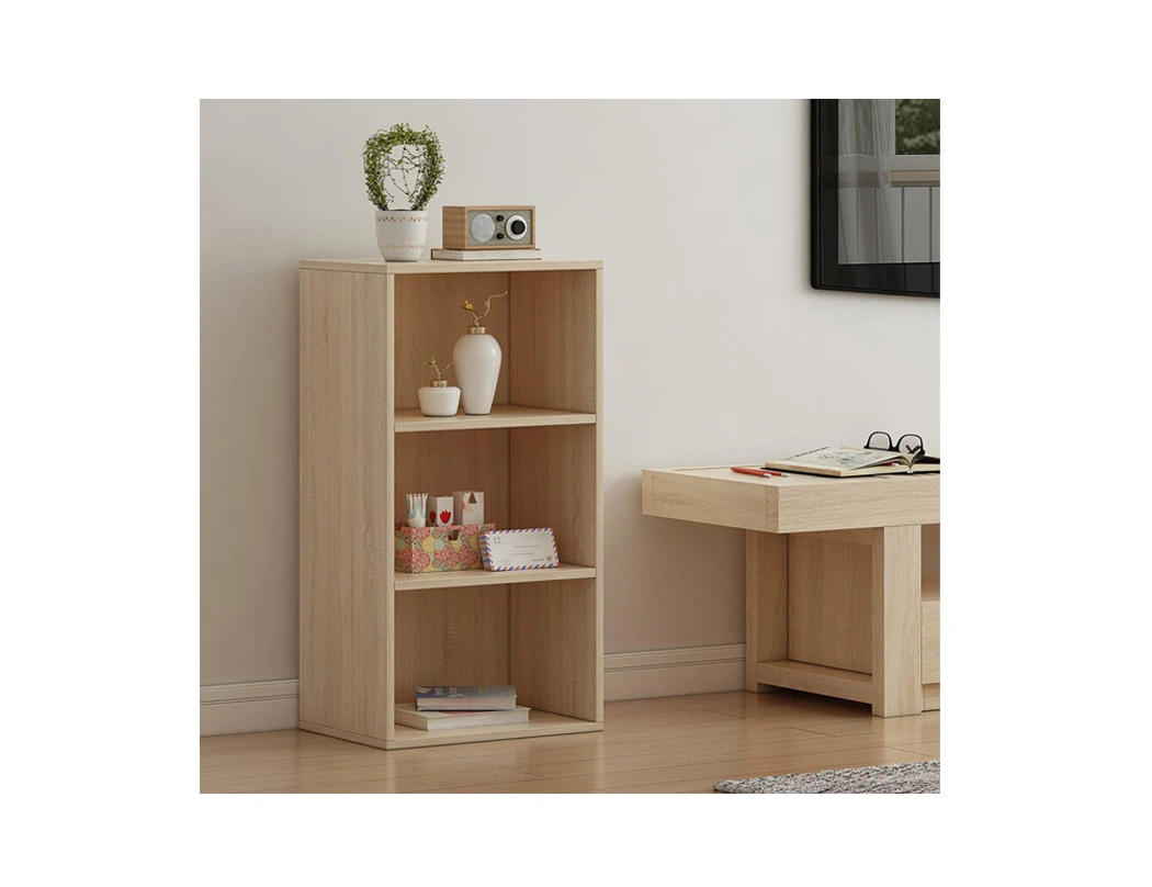 3 tier cube bookcase in light oak effect with three open shelves for books and decorative accessories