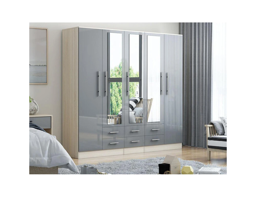 5 door grey wardrobe with mirrored panels and light oak-effect frame