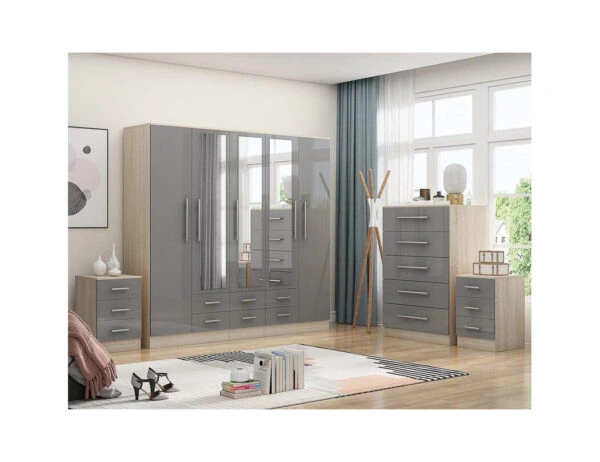 Grey 5 door mirrored wardrobe with matching chest of drawers and bedside cabinet