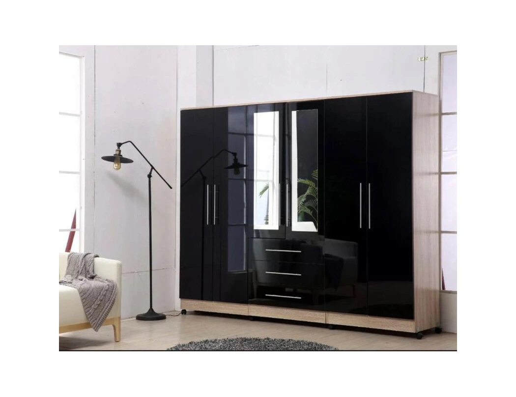 Black 6 door wardrobe with mirrored centre doors, drawers and silver handles