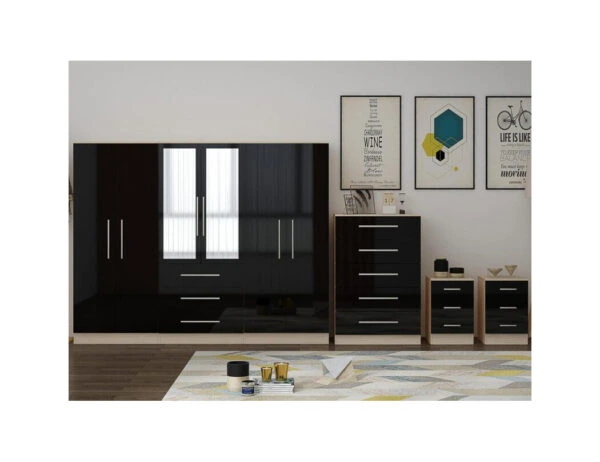 Black 6 door wardrobe with matching chest of drawers and bedside tables