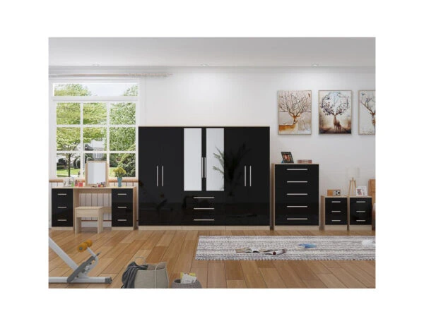 Black 6 door wardrobe with matching chest of drawers, bedside tables and dresser