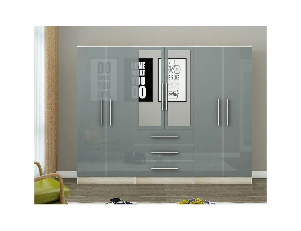 Grey 6 door wardrobe with mirrored centre panels, silver handles and three drawers