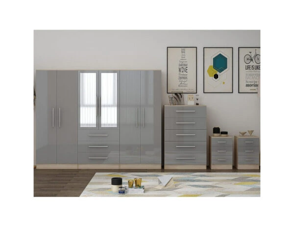 Grey 6 door wardrobe with matching chest of drawers and bedside tables