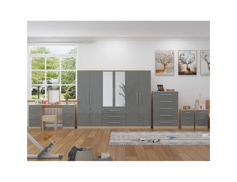 Grey 6 door wardrobe with matching chest of drawers, bedside tables and dresser