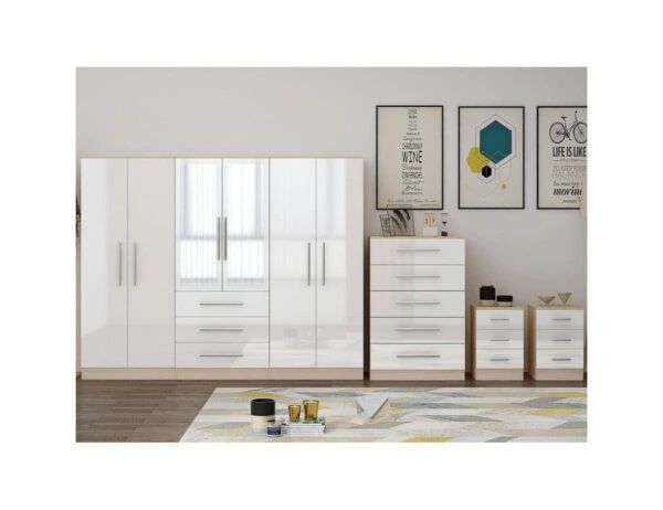 White 6 door wardrobe with matching chest of drawers and bedside tables