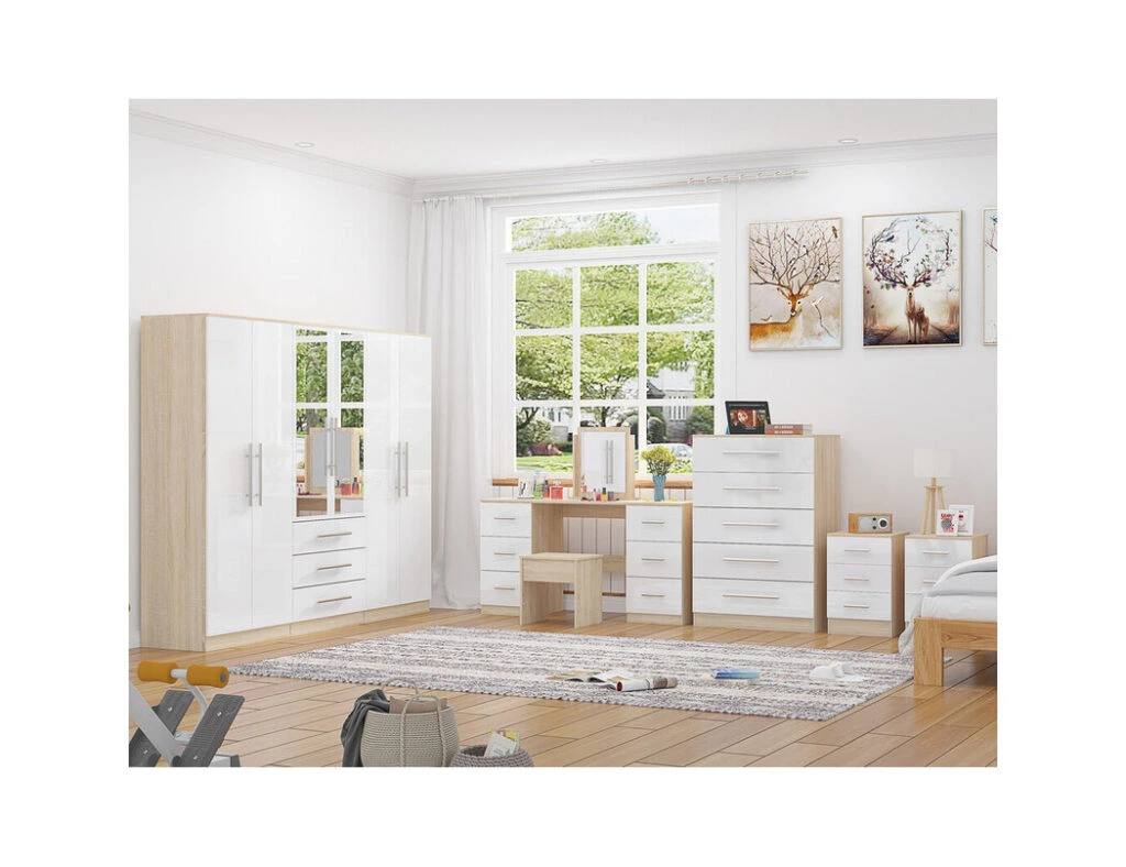 White 6 door wardrobe with matching chest of drawers, bedside tables and dresser