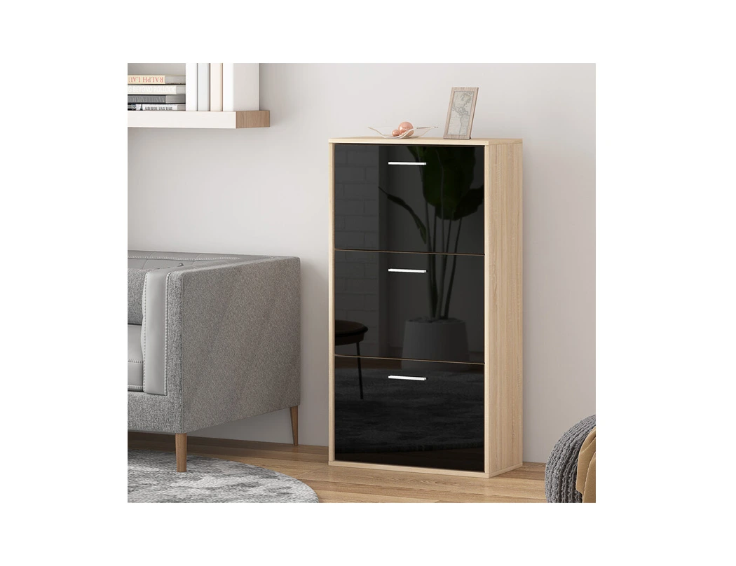 Black 3 door shoe rack with glossy black fronts, silver handles and oak effect sides