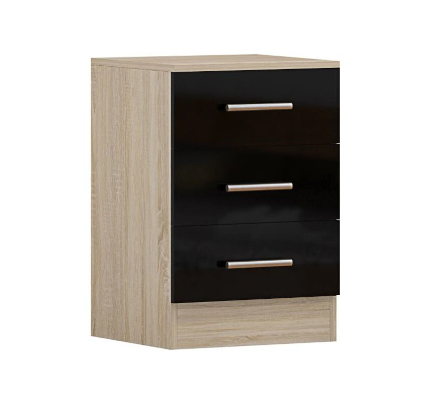 Black 3 drawer bedside table with glossy black drawer fronts, silver handles and oak effect sides