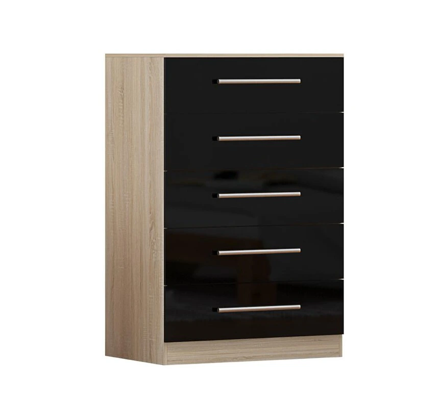 Black 5 drawer chest of drawers with glossy black fronts, silver handles and oak effect sides