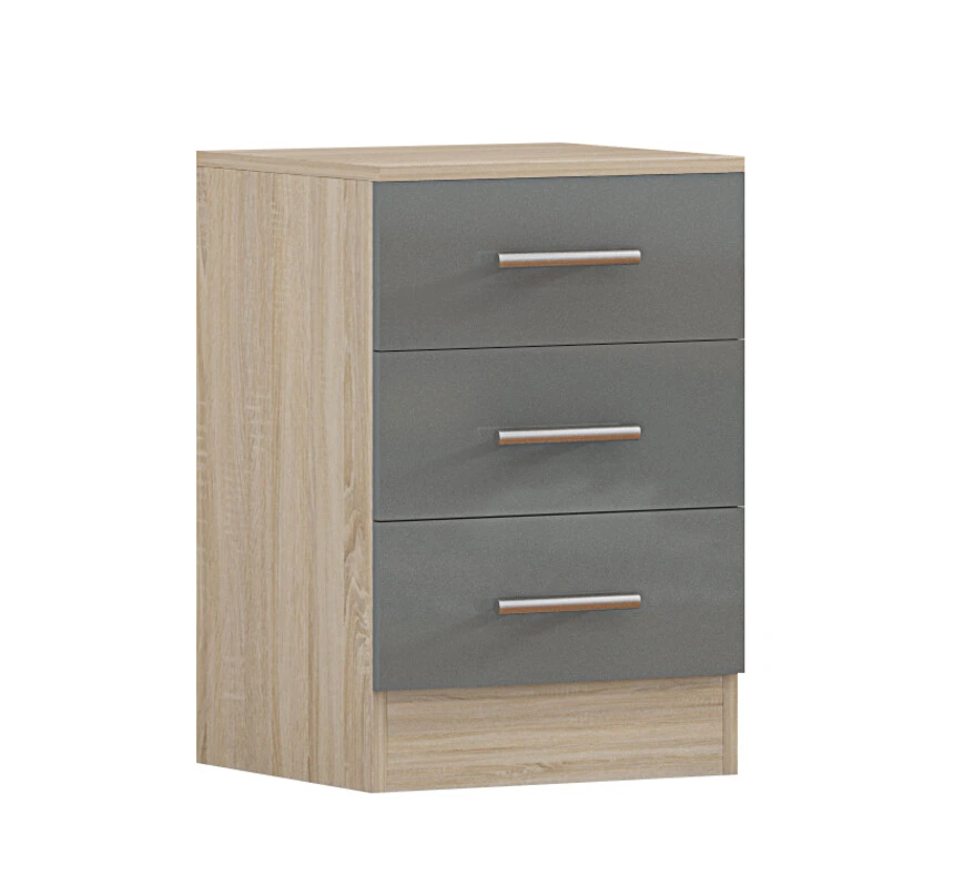 Full grey 3 drawer bedside table with matching grey sides, top and silver handles