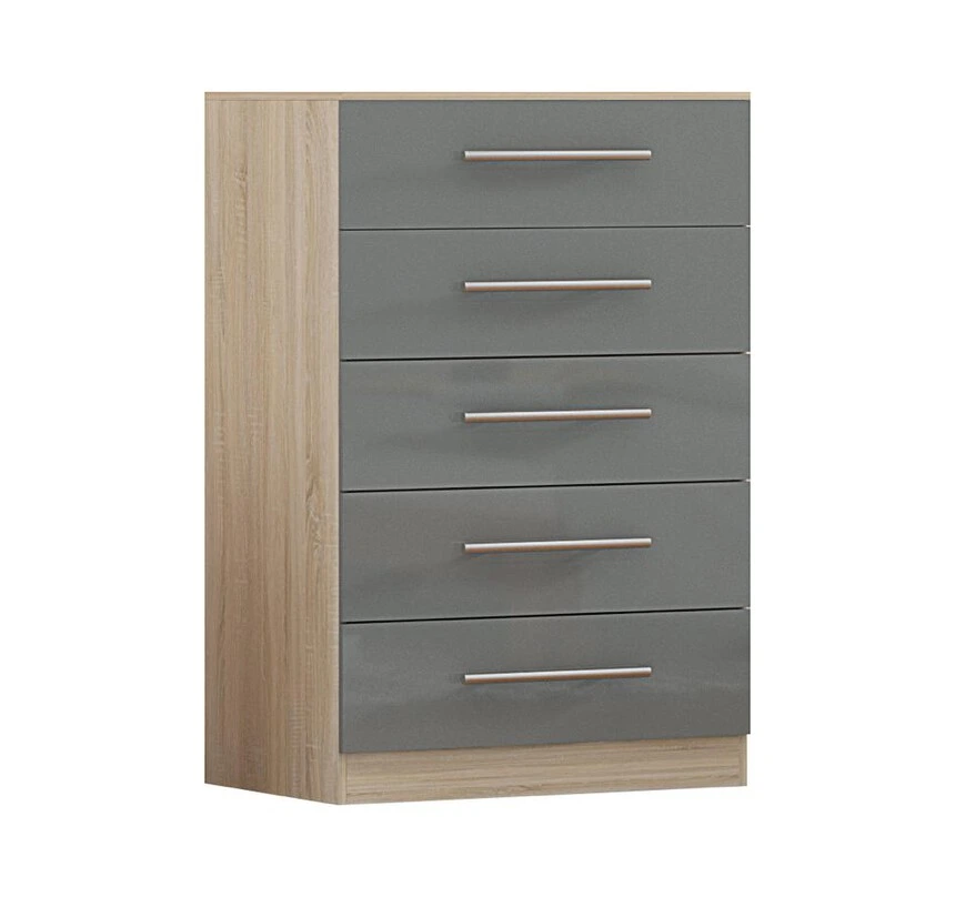 Full grey 5 drawer chest of drawers with matching grey sides, base and silver handles