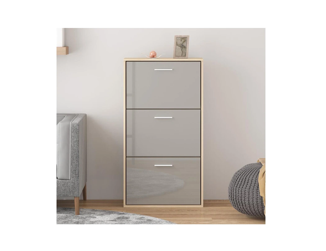 Grey 3 door shoe rack with grey fronts, silver handles and oak effect sides