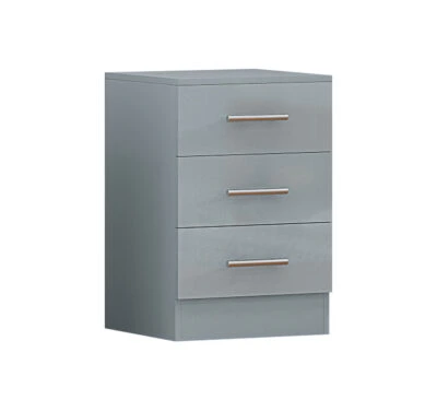 Grey 3 drawer bedside table with grey drawer fronts, silver handles and oak effect sides