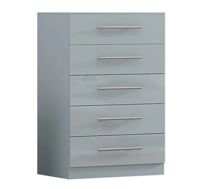 Grey 5 drawer chest of drawers with grey drawer fronts, silver handles and oak effect sides