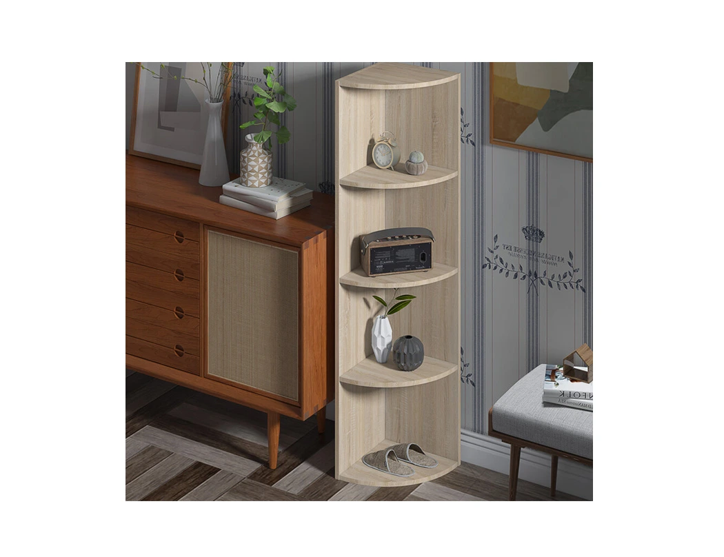 Light oak effect corner bookshelf with four curved open shelves displaying books and decorative accessories