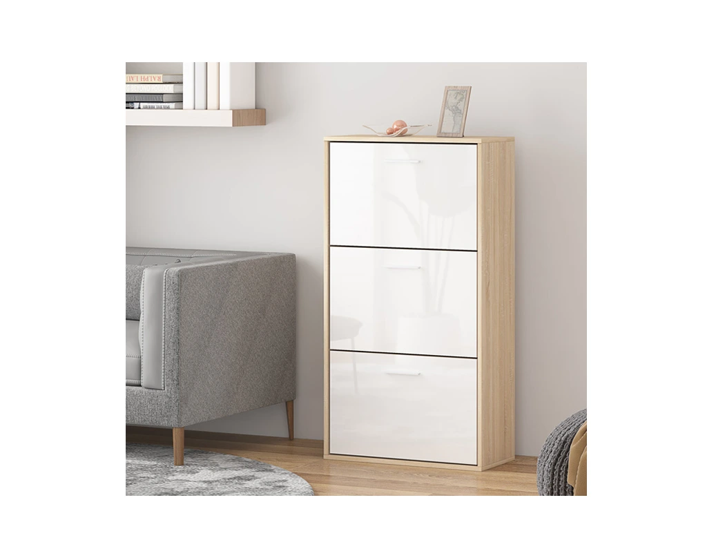 White 3 door shoe rack with white fronts, silver handles and oak effect sides