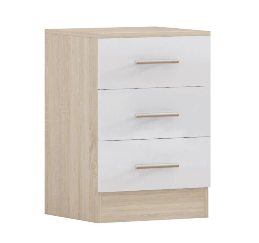 This modern black bedside table features three drawers with sleek black fronts, long silver handles and contrasting oak-effect sides and top. Its compact design provides convenient storage for bedside essentials, books and accessories while helping keep your bedroom organised. The contemporary black and oak-effect finish pairs beautifully with matching wardrobes and bedroom furniture.
