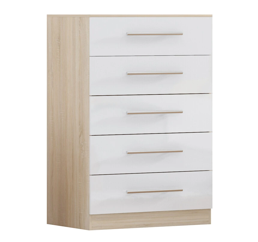 White 5 drawer chest of drawers with white drawer fronts, silver handles and oak effect sides