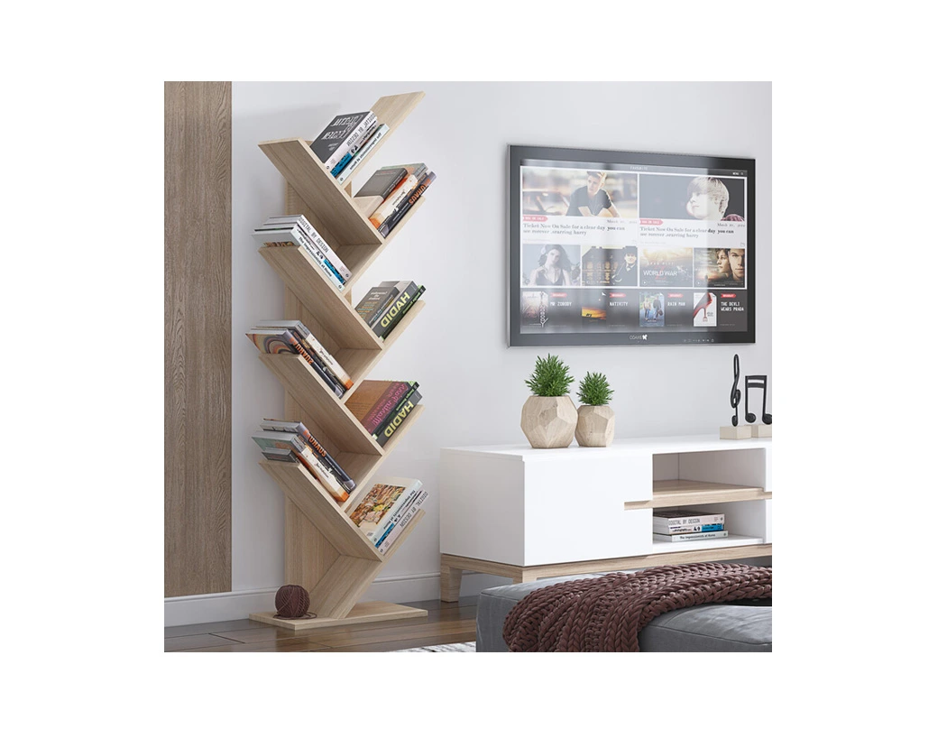Modern wooden zig-zag bookshelf with books in a contemporary living room.
