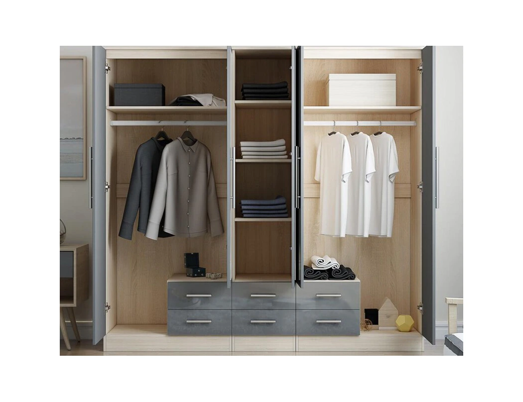 Open 5 door wardrobe with hanging rails, shelves and six drawers