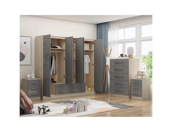 Open 5 door wardrobe with hanging space, shelves and drawers alongside matching bedroom furniture