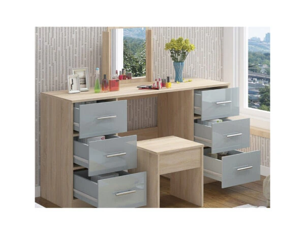 Open grey dressing table showing multiple storage drawers and interior compartments
