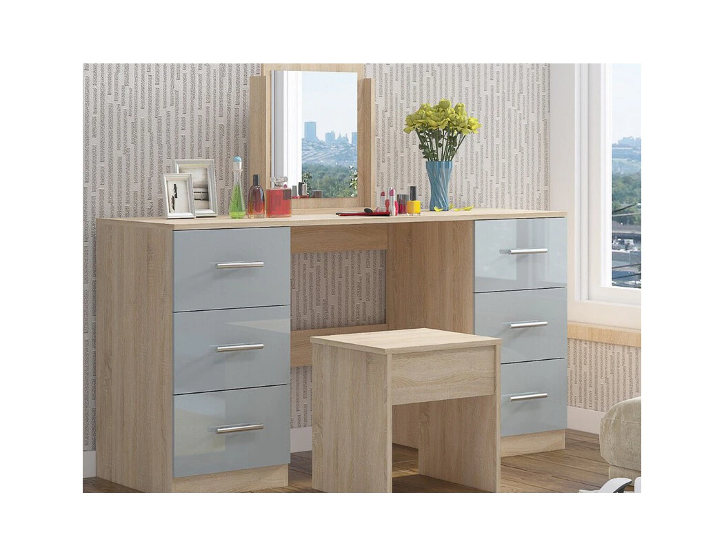 Modern grey dressing table with multiple drawers and sleek silver handles